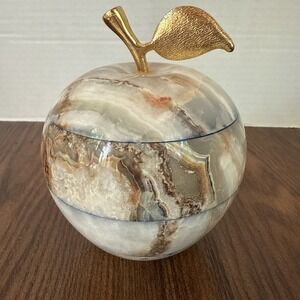Vintage Handcrafted Banded Onyx Decorative Apple Paperweight Gold Metal Stem